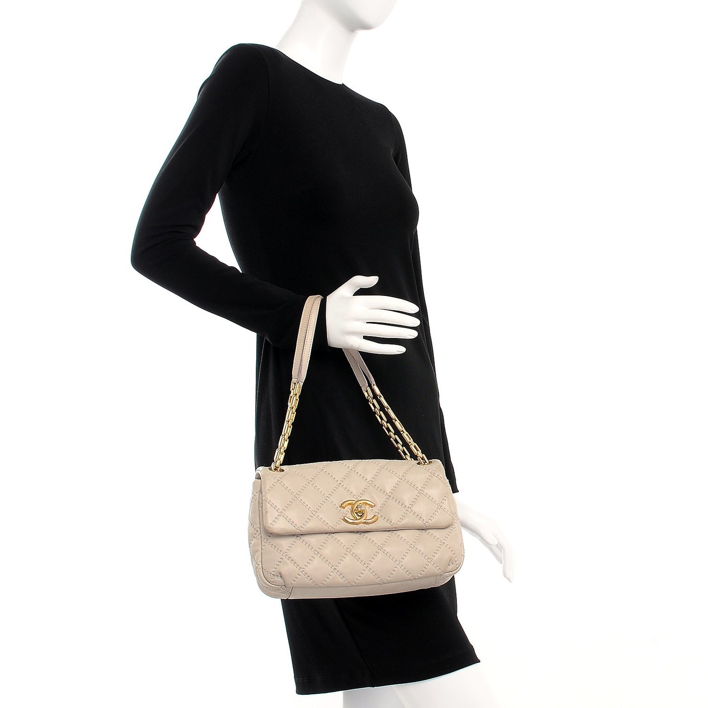 Calfskin Quilted Retro Chain Flap Beige
