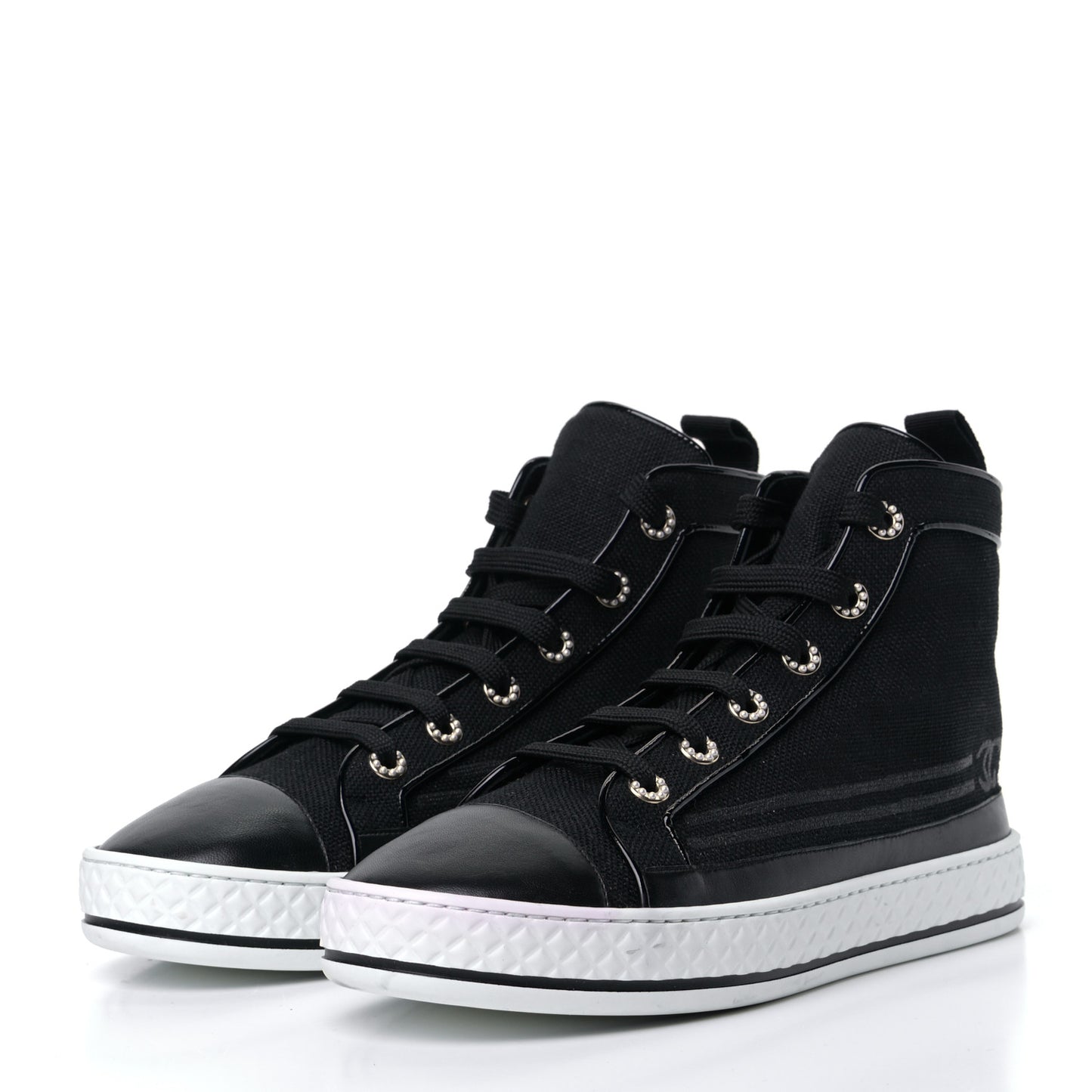 Fabric Lambskin Lace Up Cap Toe Sneakers 38.5 Black
