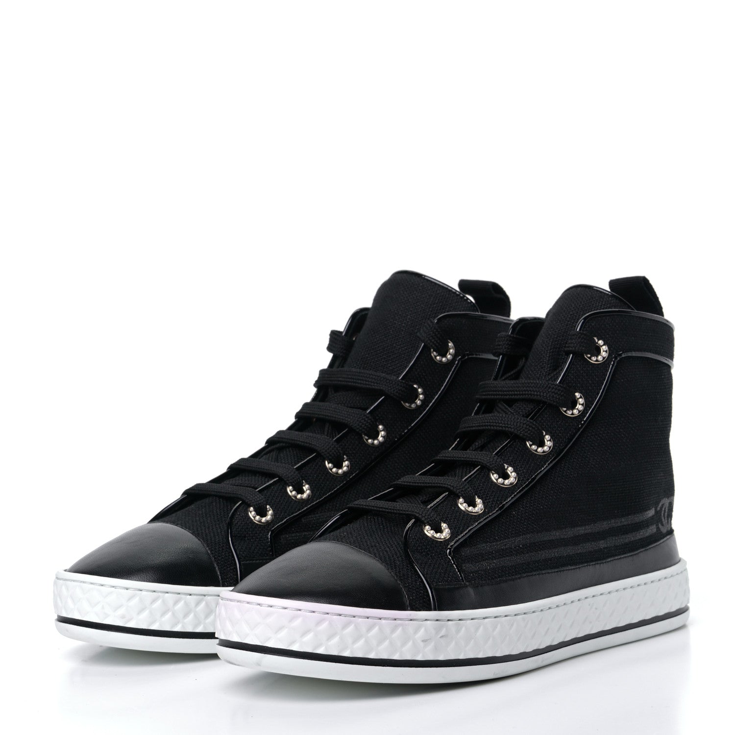 Chanel Fabric Lambskin Lace Up Cap Toe Sneakers 38.5 Black 3 of 7