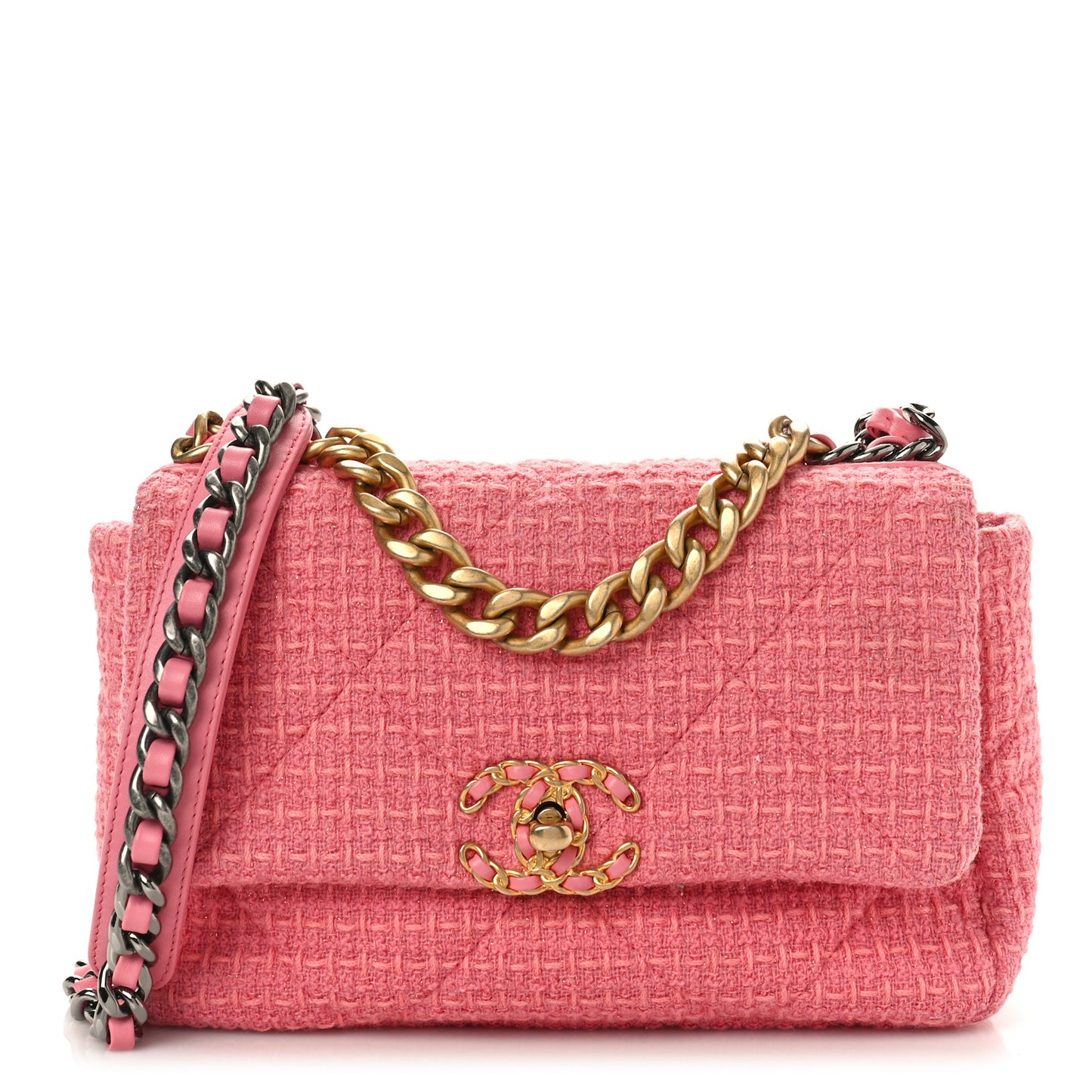 Metallic Tweed Quilted Medium Chanel 19 Flap Pink
