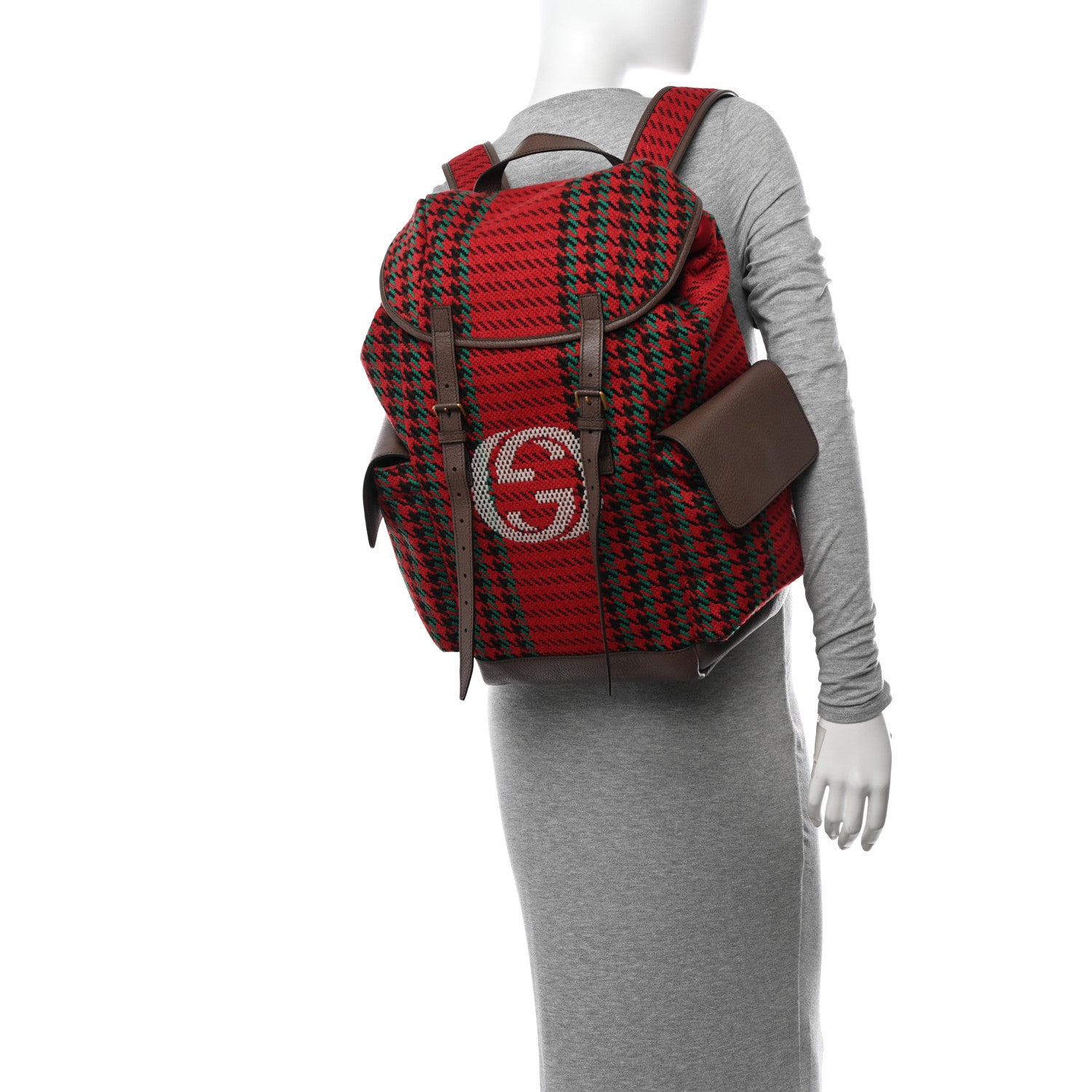 Gucci Cotton Wool Houndstooth Interlocking G Backpack Red Green New Acero 2 of 11