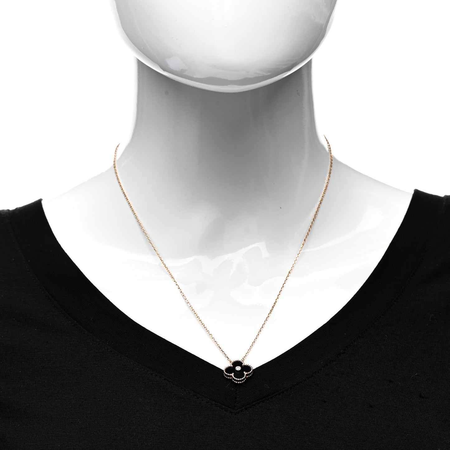 18K Rose Gold Diamond Black Onyx Vintage Alhambra Pendant Necklace