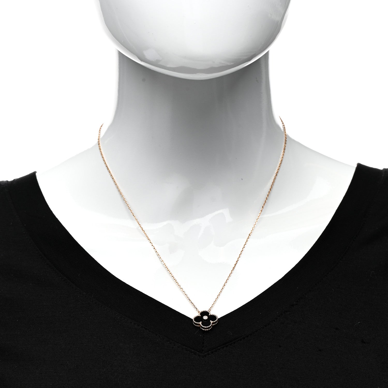 Van Cleef & Arpels 18K Rose Gold Diamond Black Onyx Vintage Alhambra Pendant Necklace 2 of 6