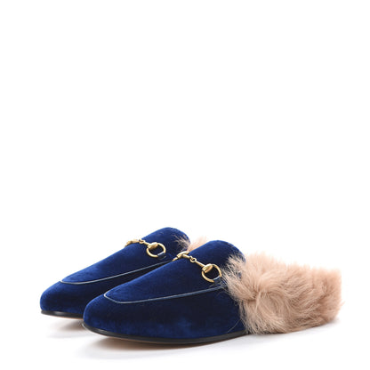 Gucci Velvet Fur Womens Princetown Slippers 37.5 Cobalt Blue 3 of 8