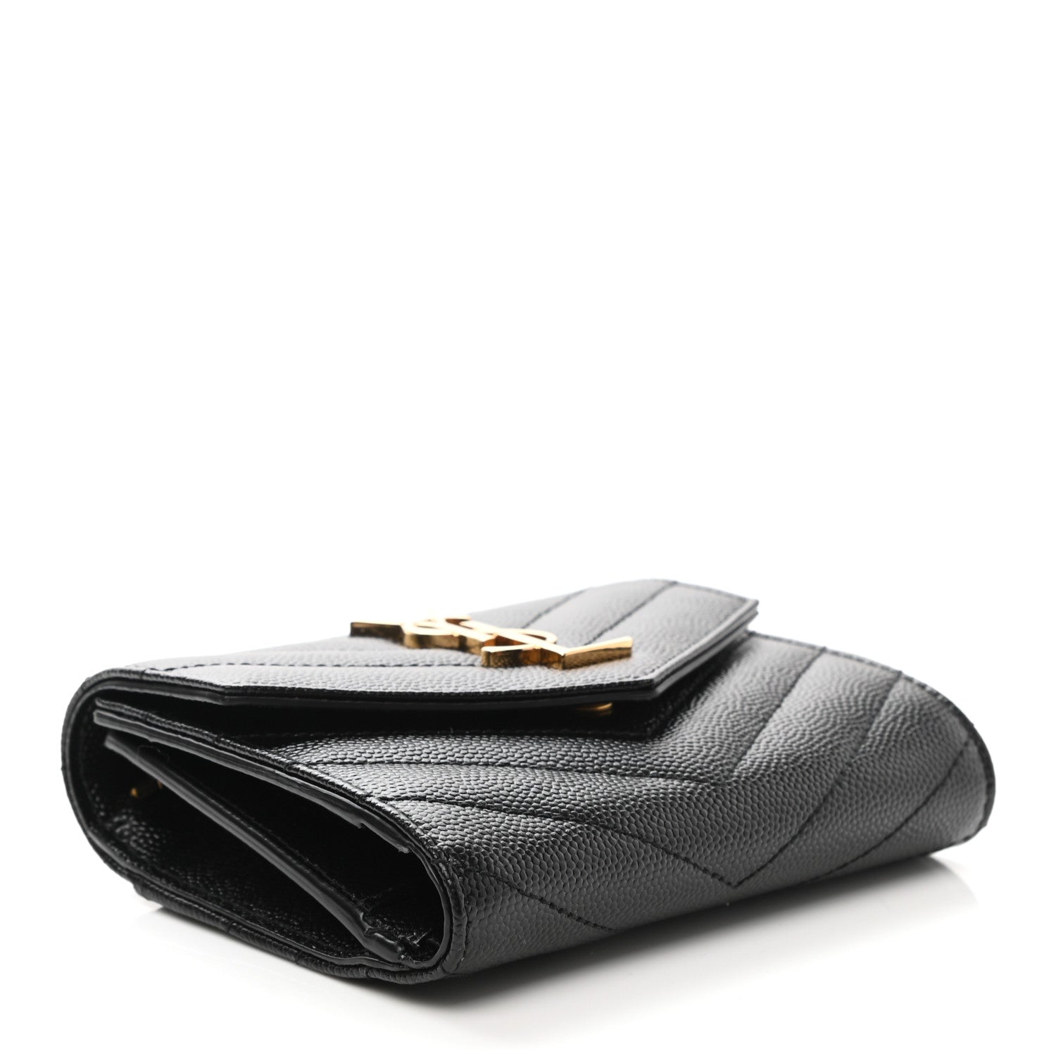 Saint Laurent Grain De Poudre Matelasse Chevron Monogram Compact Tri Fold Wallet Black 4 of 8
