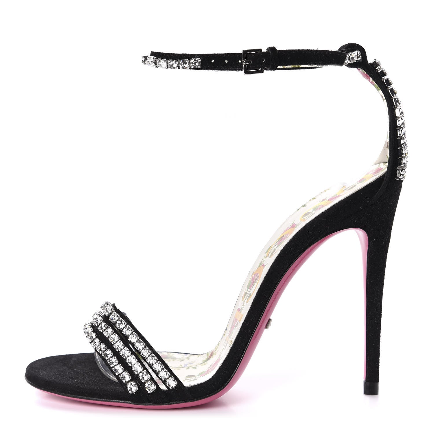 Gucci Kid Scamosciato Crystal Ankle Strap High Heel Sandals 35 Black 1 of 9