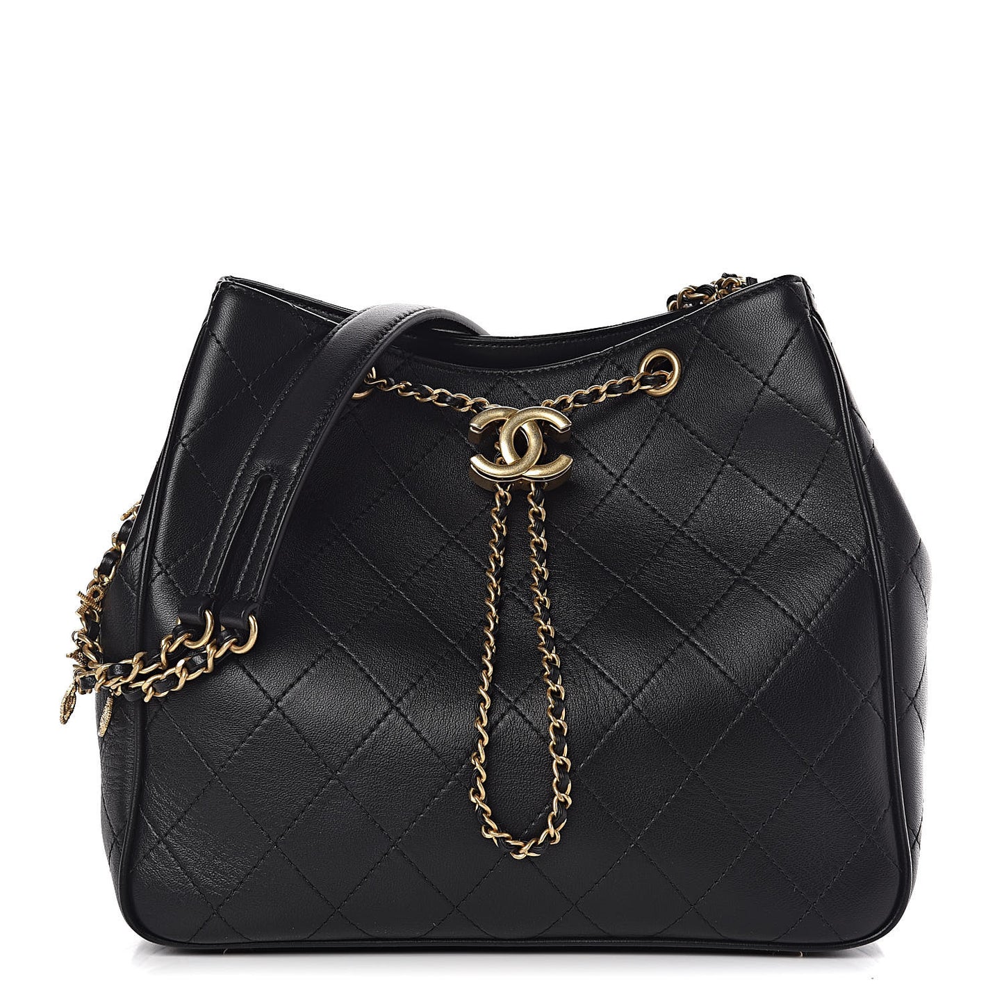 Calfskin Stitched Egyptian Amulet Drawstring Bag Black