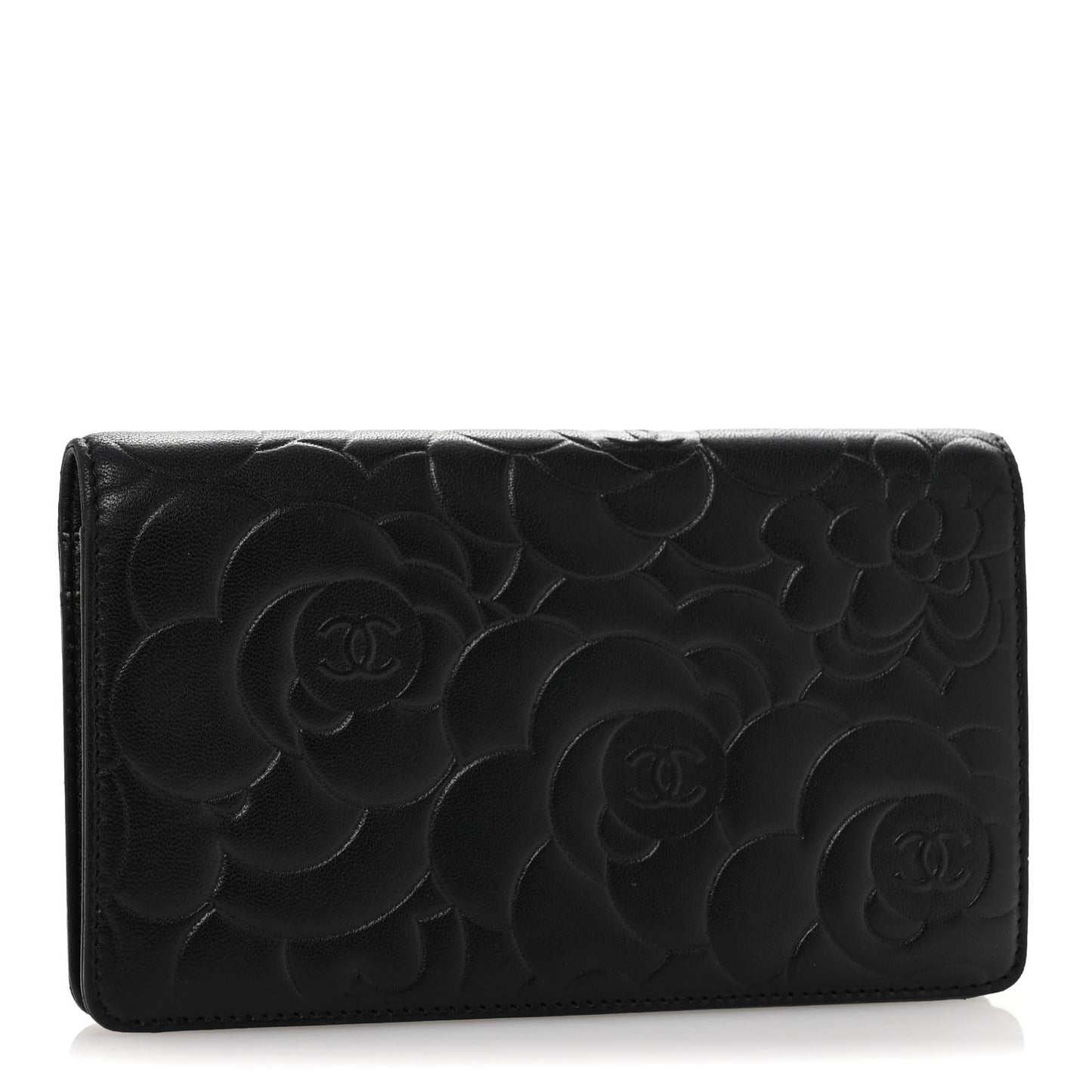 Lambskin Camellia Embossed Yen Wallet Black