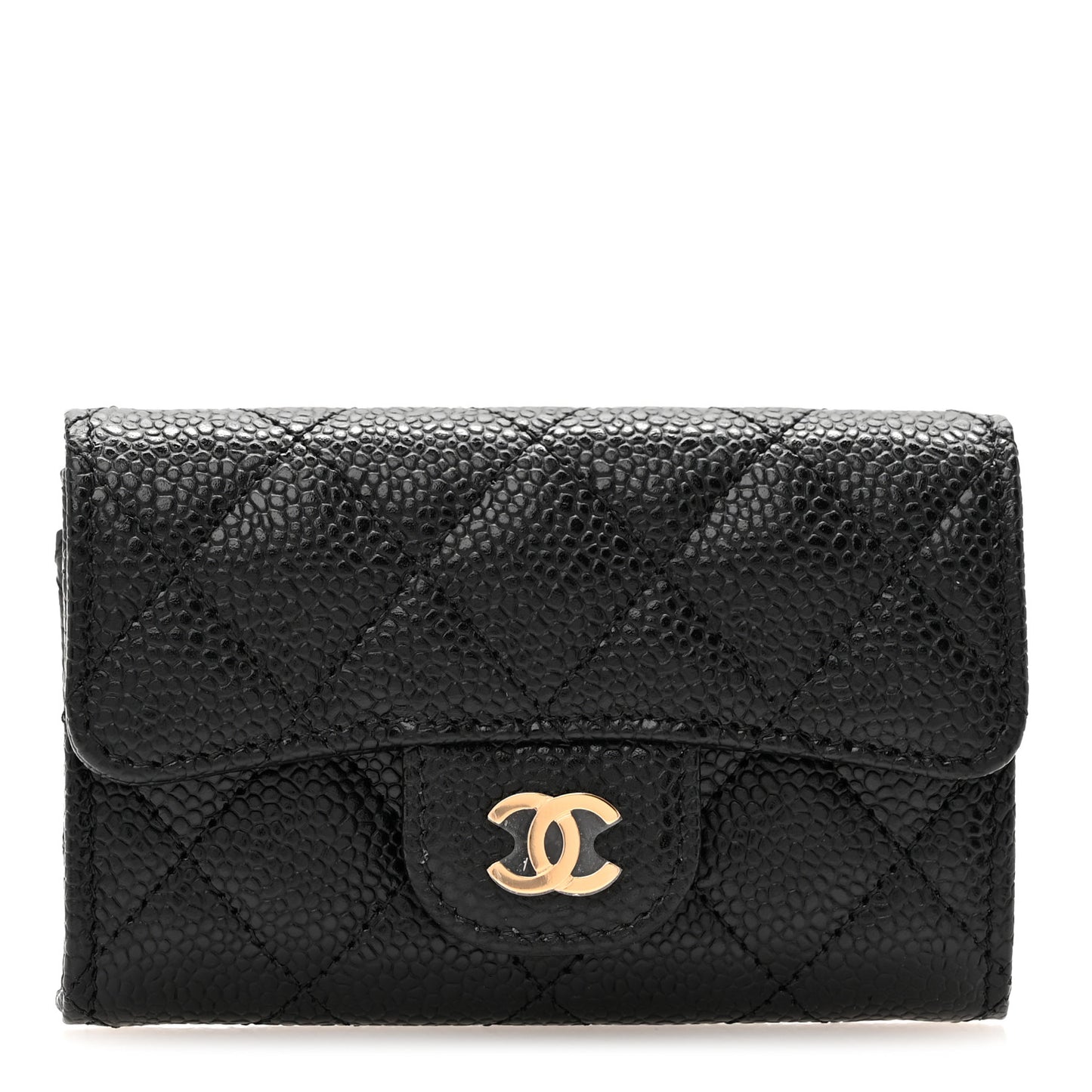 Caviar Quilted Flap Card Holder Wallet Black