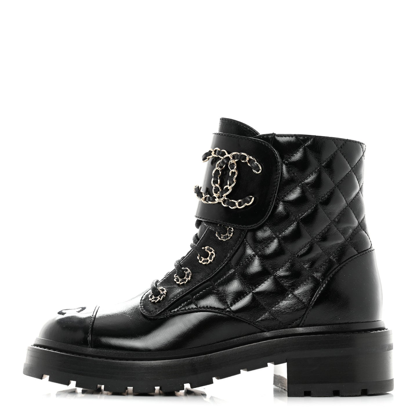 Shiny Calfskin Quilted Lace Up Combat Boots 36 Black