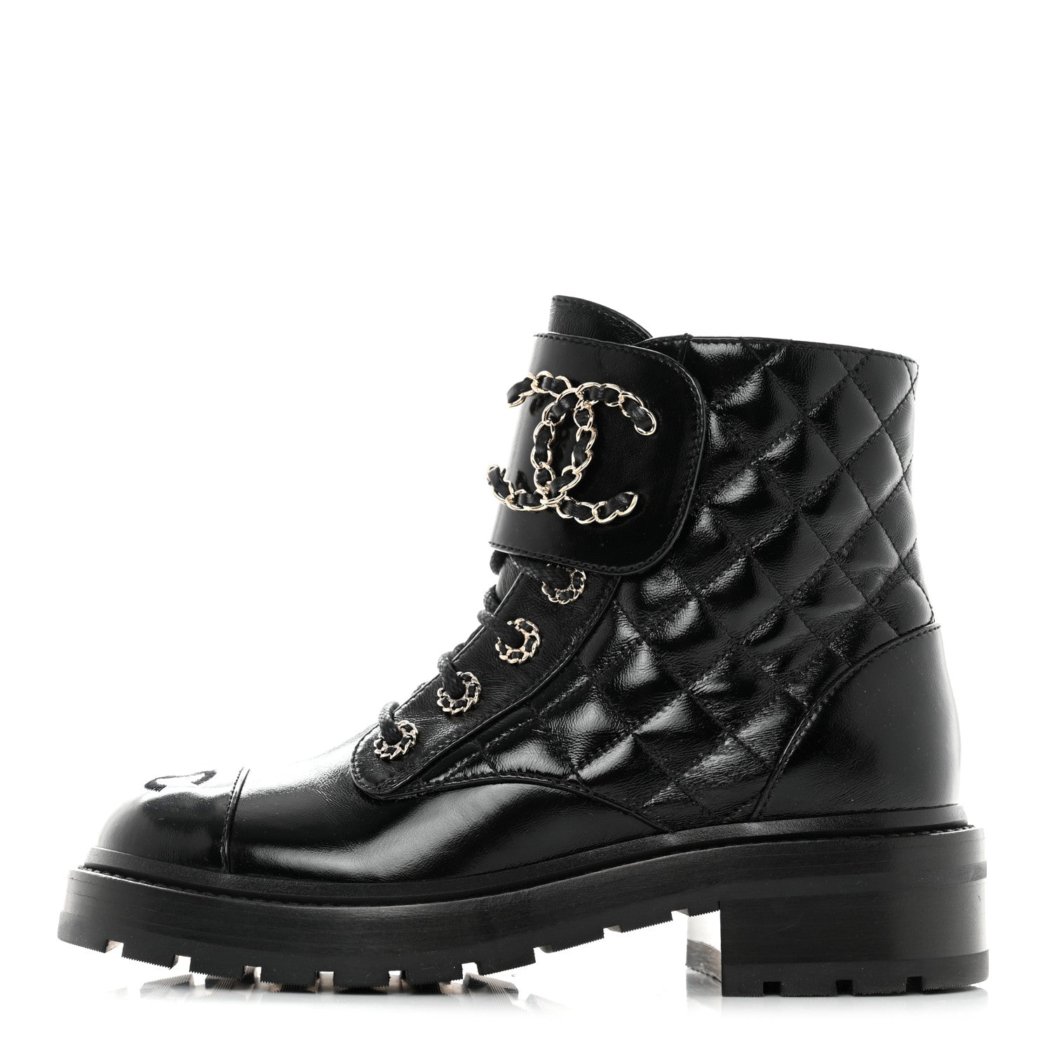 Chanel Shiny Calfskin Quilted Lace Up Combat Boots 36 Black 1 of 9