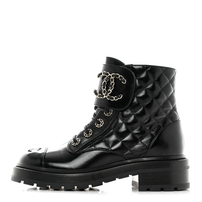 Chanel Shiny Calfskin Quilted Lace Up Combat Boots 36 Black 1 of 9