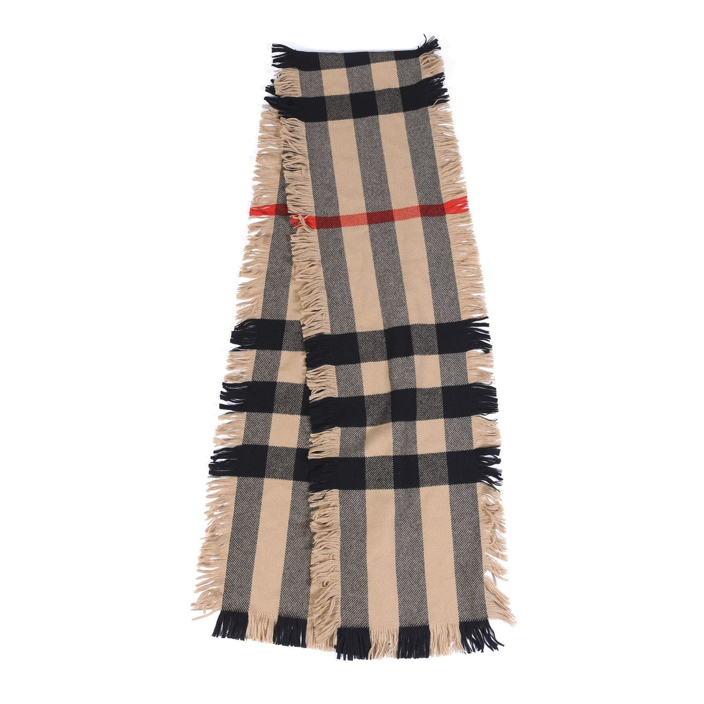 Wool Half Mega Check Fringe Scarf Camel