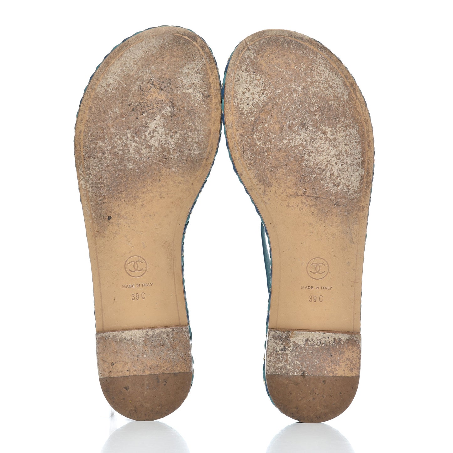 Lambskin Braided CC Logo Thong Sandals 39 Blue Gold