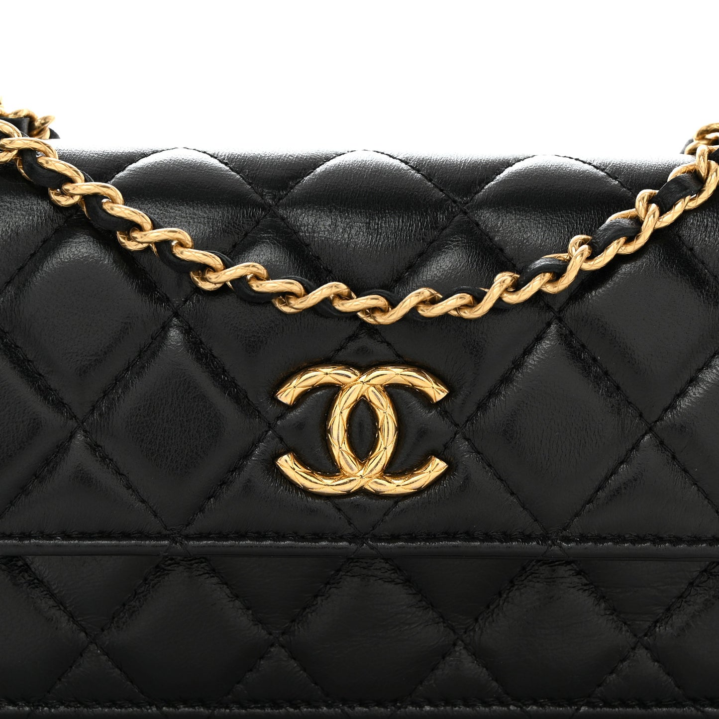 Lambskin Quilted Dynasty Flap Phone Holder With Chain Black