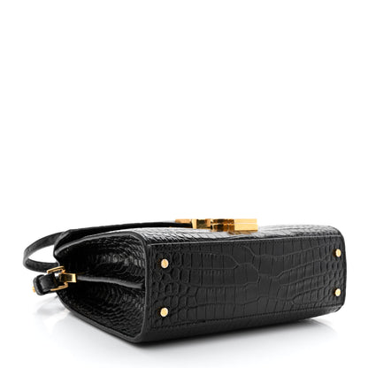 Saint Laurent Calfskin Crocodile Embossed Mini Classic Monogram Cassandra Top Handle Black 4 of 12