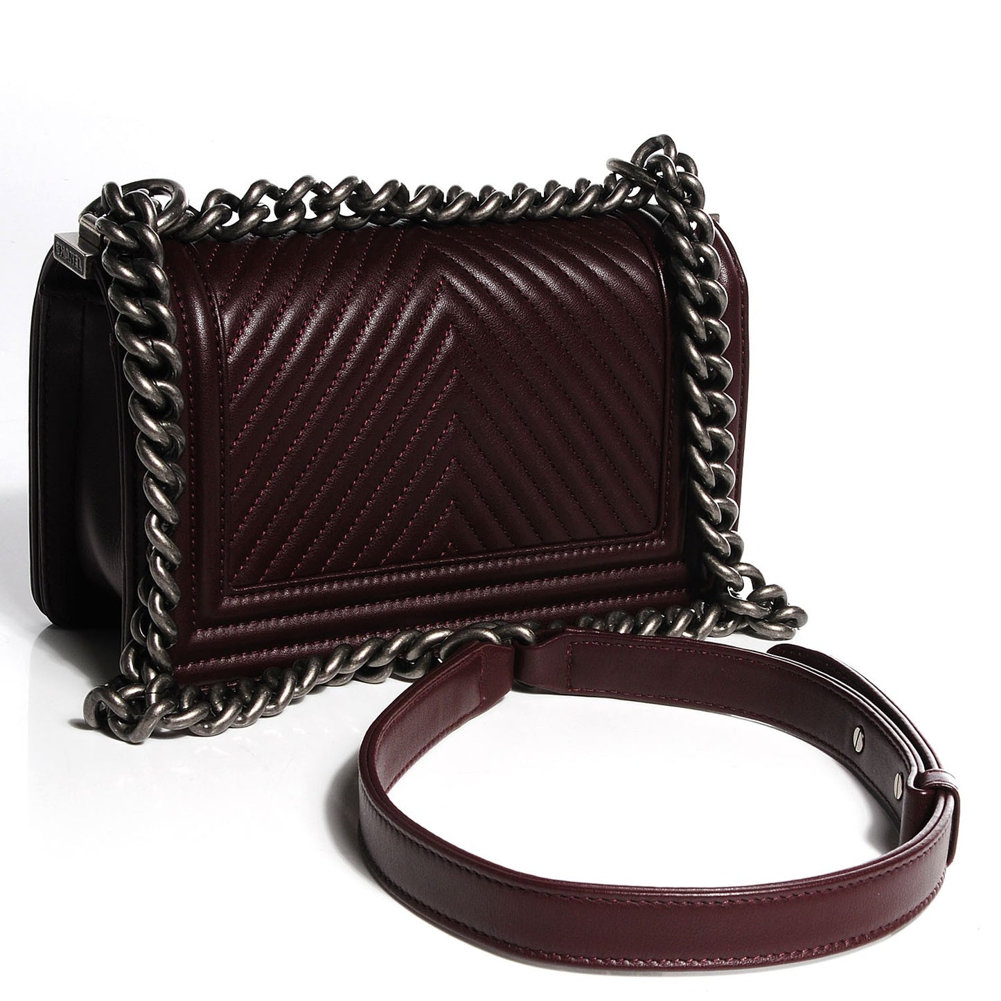 Calfskin Chevron Quilted Small Boy Flap Burgundy