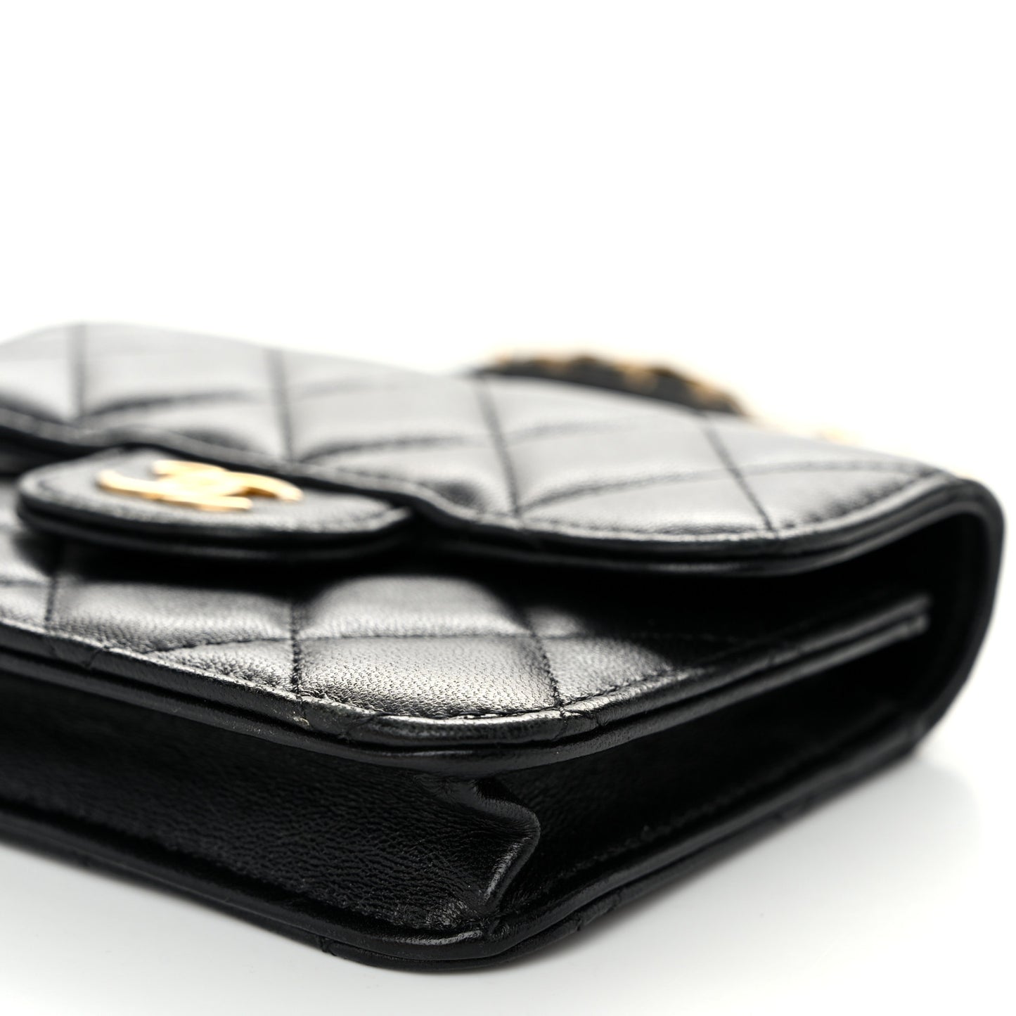 Lambskin Quilted Top Handle Flap Coin Purse With Chain Black