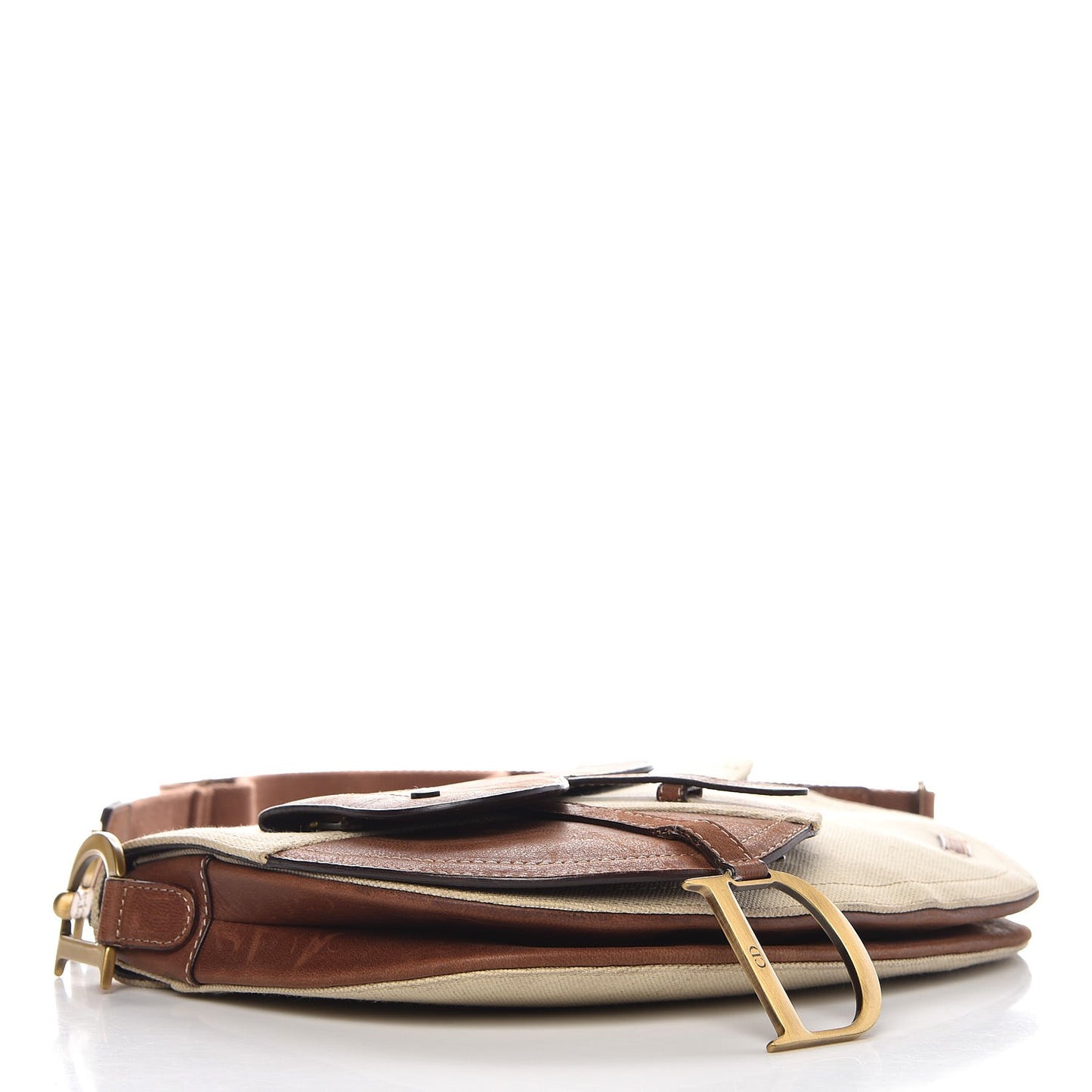 Calfskin Canvas Double Saddle Bag Beige