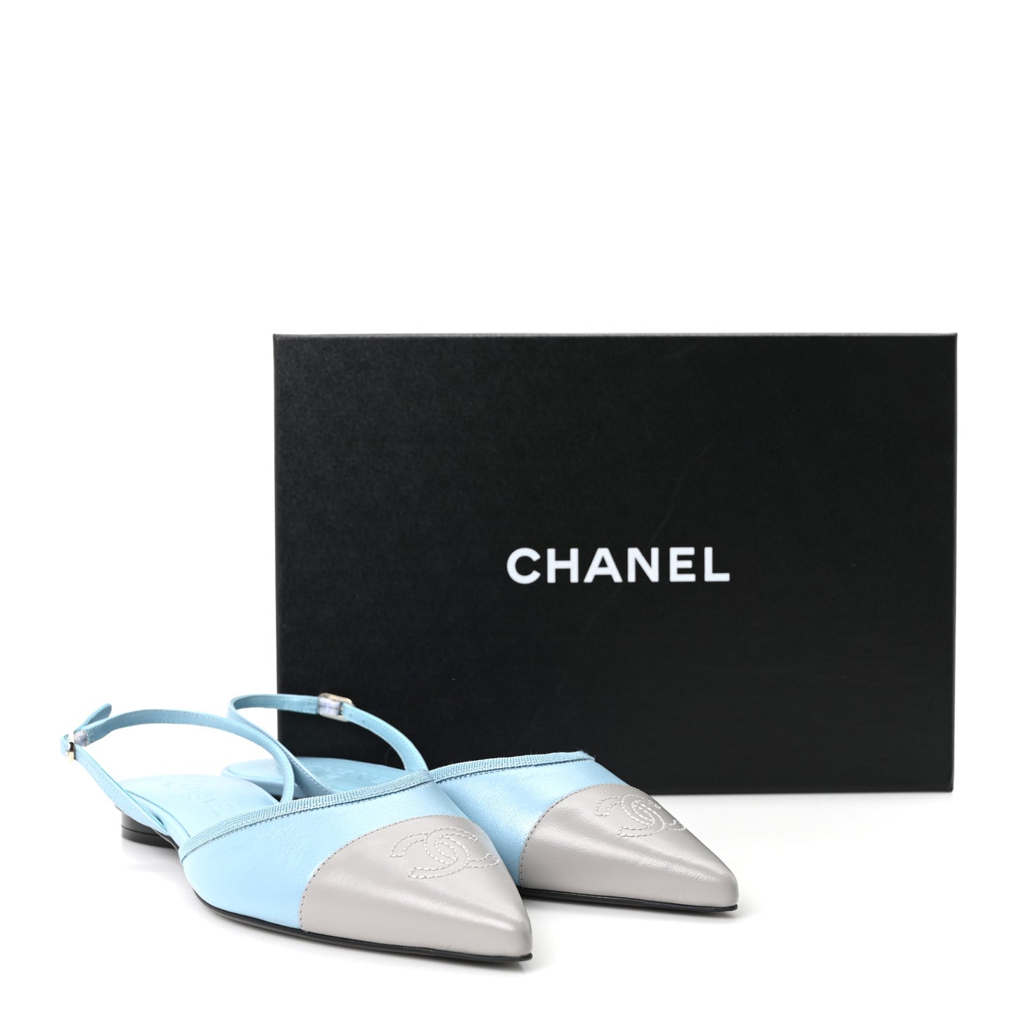 Iridescent Lambskin Cap Toe CC Slingback Flats 38 Light Blue Grey