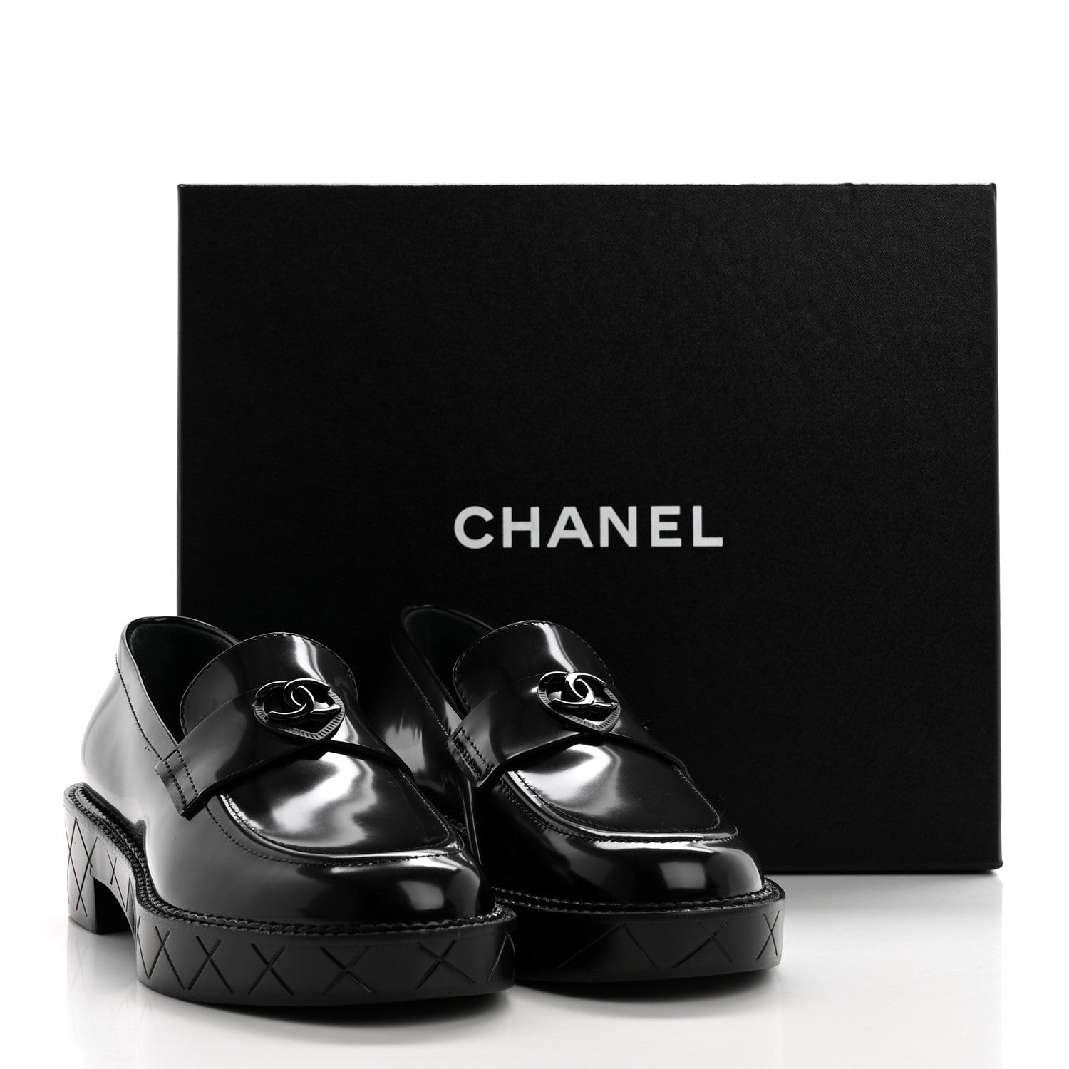 Chanel Shiny Calfskin Quilted CC Mocassin Loafers 38 Black 1608804