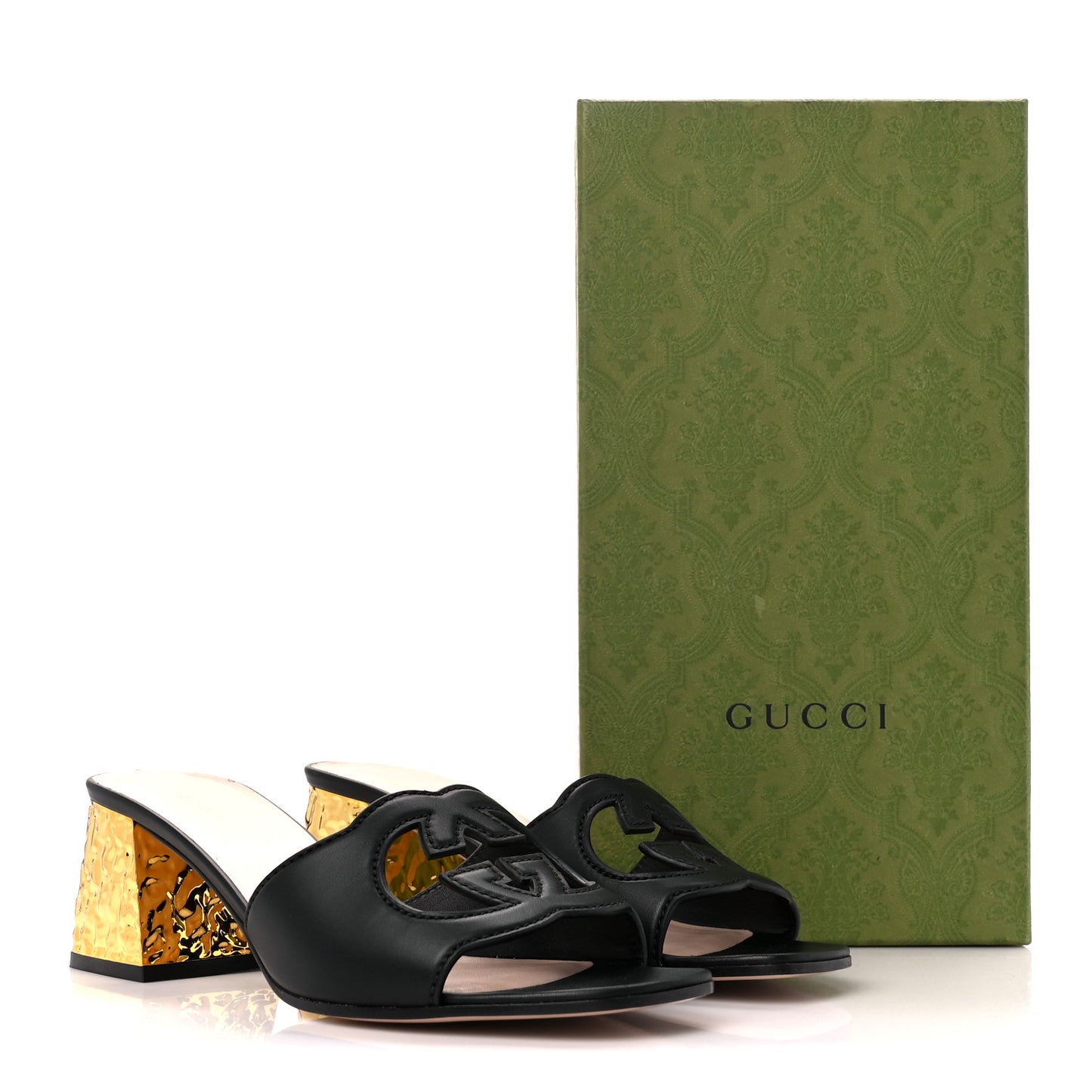 Cosmos Softy Calfskin Interlocking G Cut Out 55mm Slide Sandals 40 Black Gold