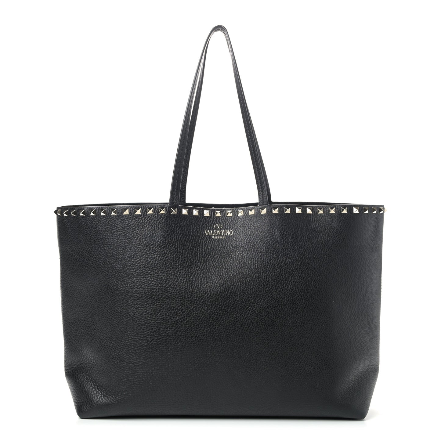 Grained Calfskin Rockstud Shoulder Tote Black