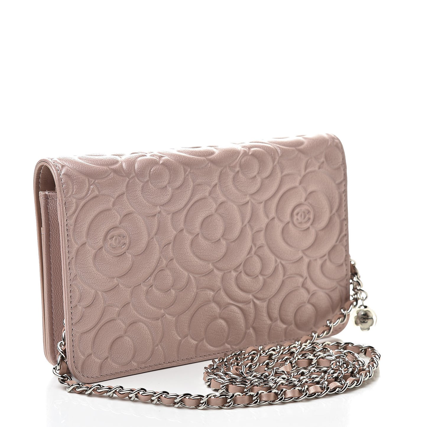 Goatskin Camellia Embossed Wallet On Chain WOC Light Pink