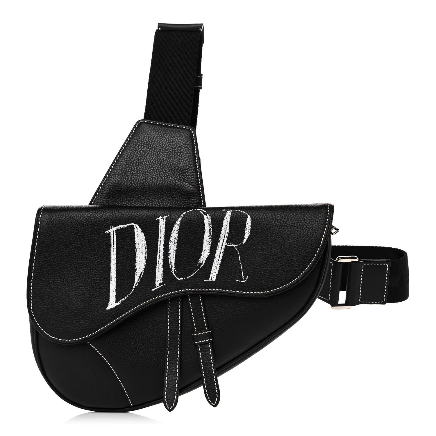 Christian Dior Grained Calfskin Logo Saddle Messenger Bag Black 1 of 11