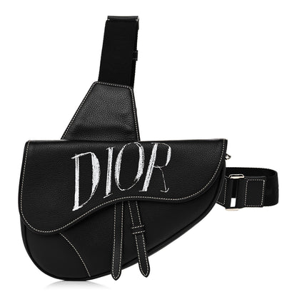 Christian Dior Grained Calfskin Logo Saddle Messenger Bag Black 1 of 11