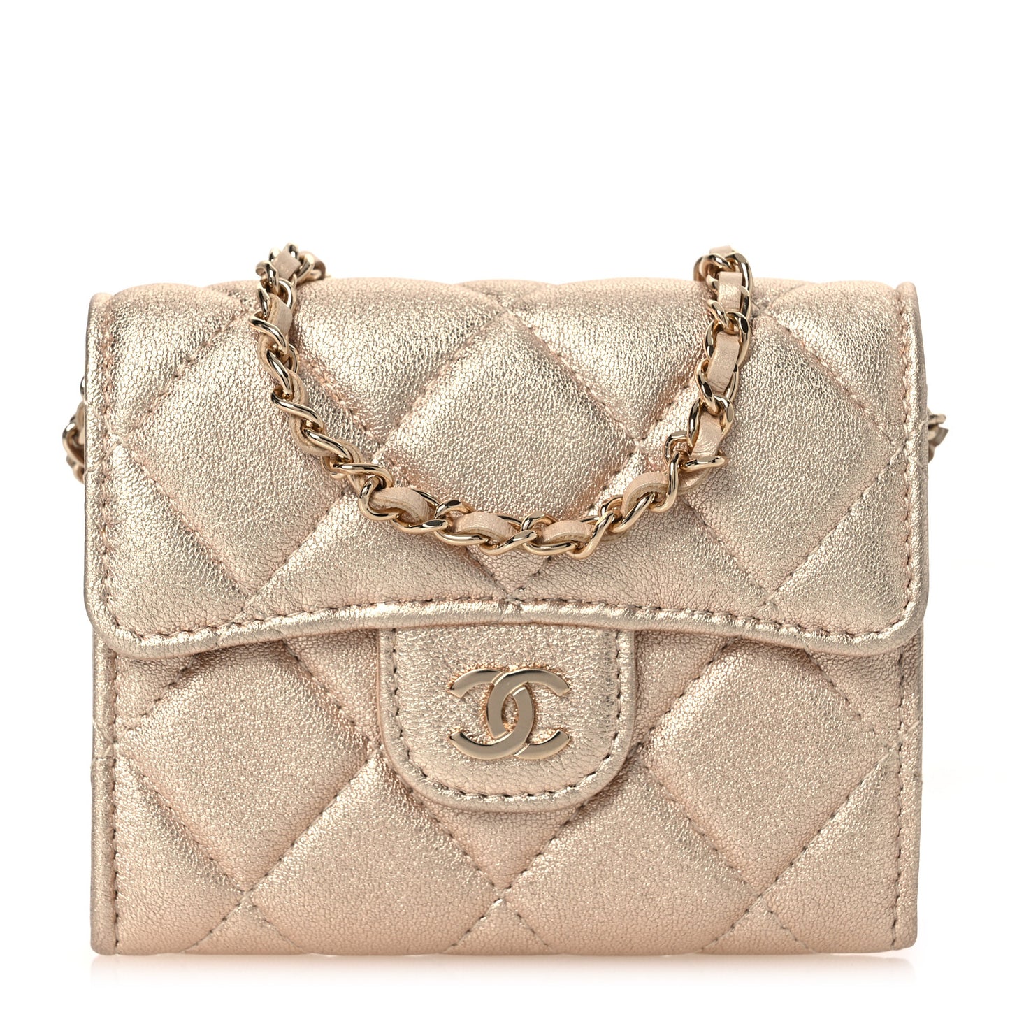 Metallic Lambskin Quilted Flap Card Holder On Chain Gold