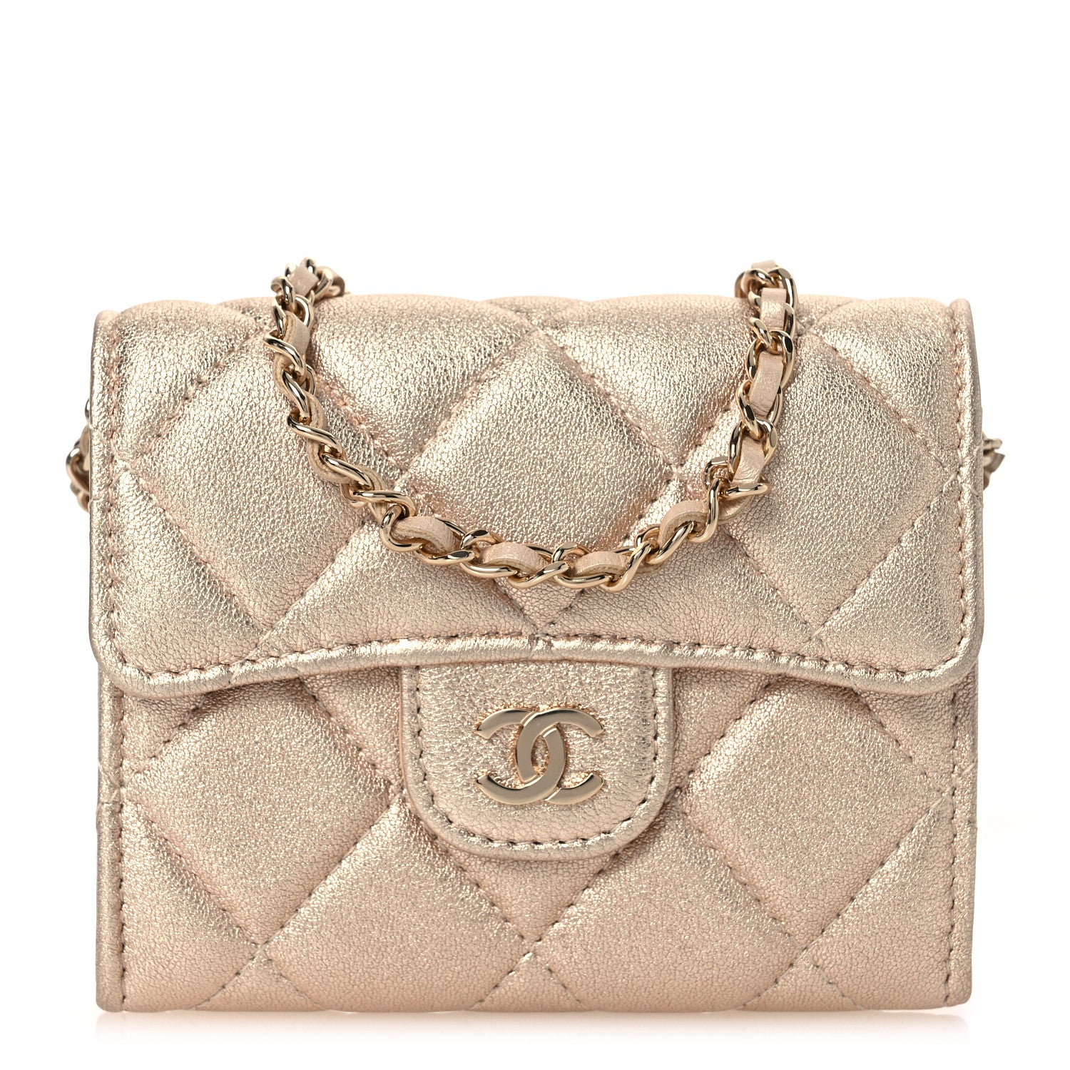 Chanel Metallic Lambskin Quilted Flap Card Holder On Chain Gold 1 of 12
