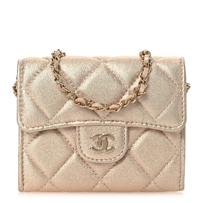 Chanel Metallic Lambskin Quilted Flap Card Holder On Chain Gold 1 of 12