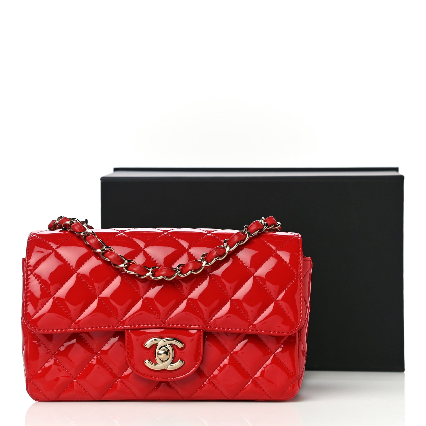 Patent Calfskin Quilted Mini Rectangular Flap Red