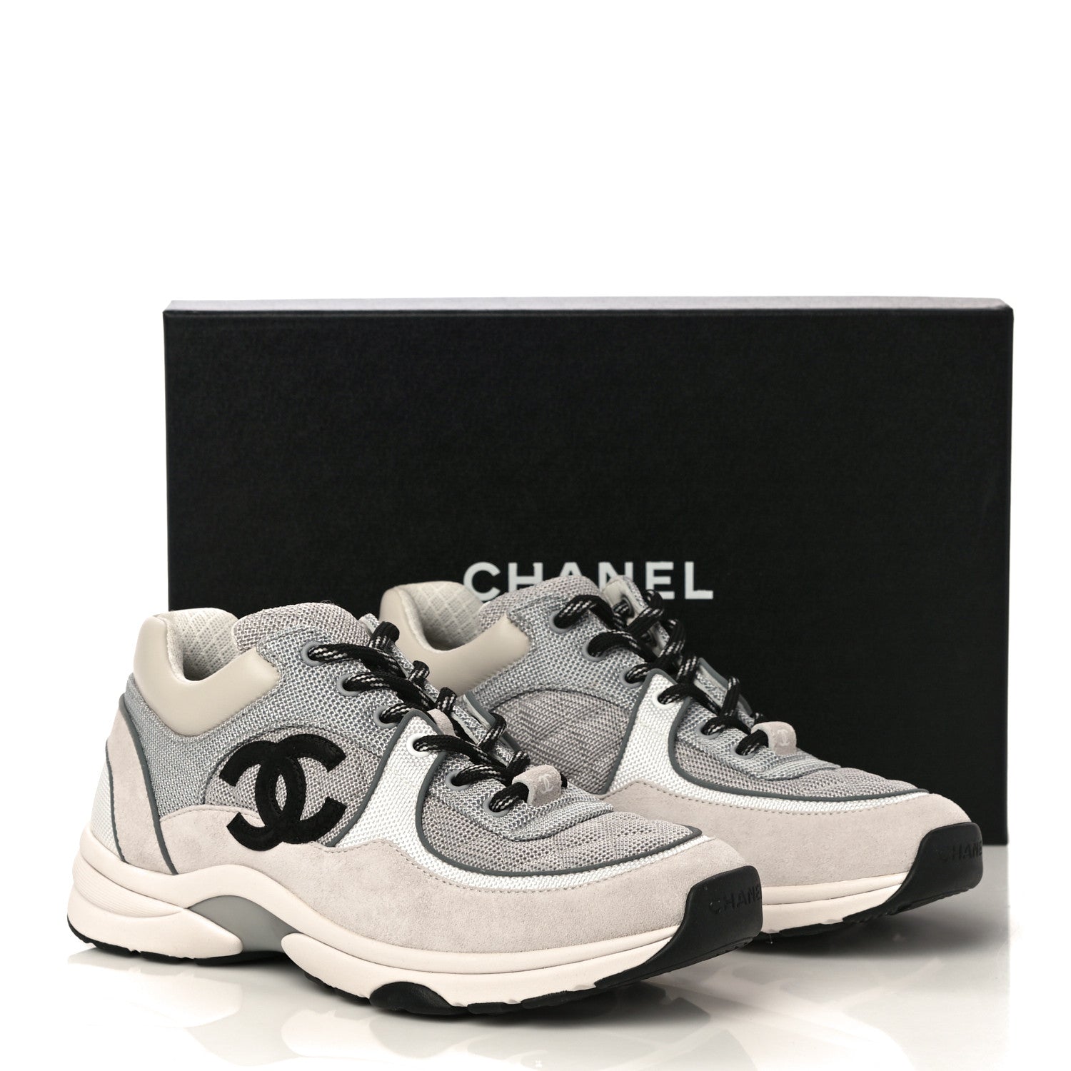 Chanel Nylon Calfskin Suede Womens CC Sneakers 38.5 Grey White 10 of 10