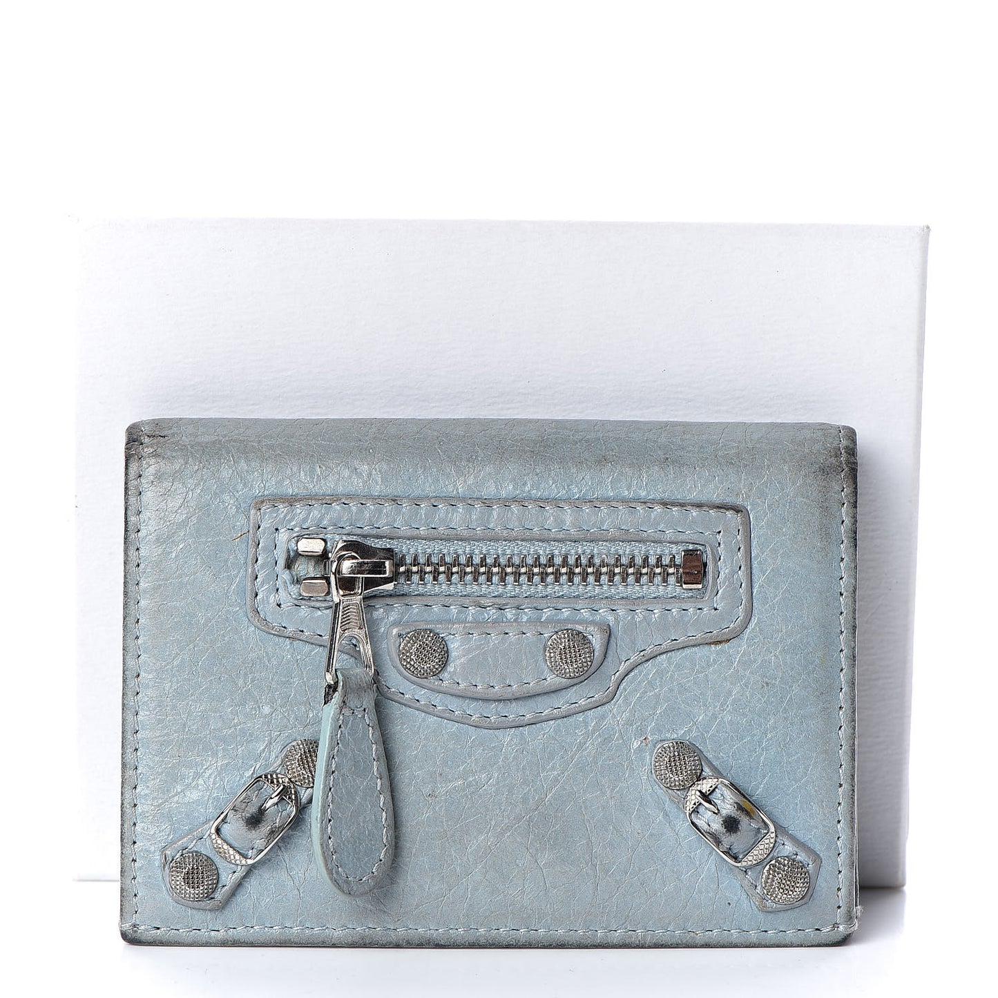 Agneau Giant 12 Silver Hardware Card Case Bleu Opaline
