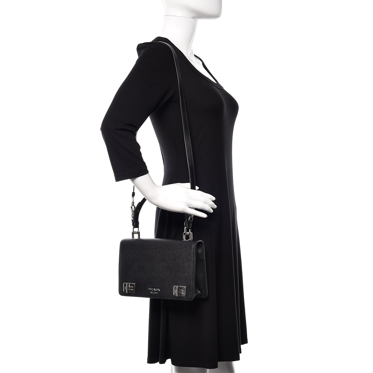 Prada Saffiano Pattina Top Handle Flap Bag Black 2 of 9