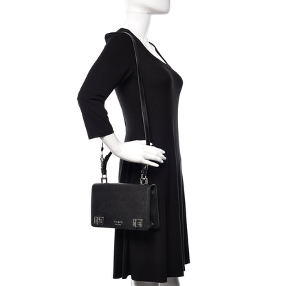 Prada Saffiano Pattina Top Handle Flap Bag Black 2 of 9