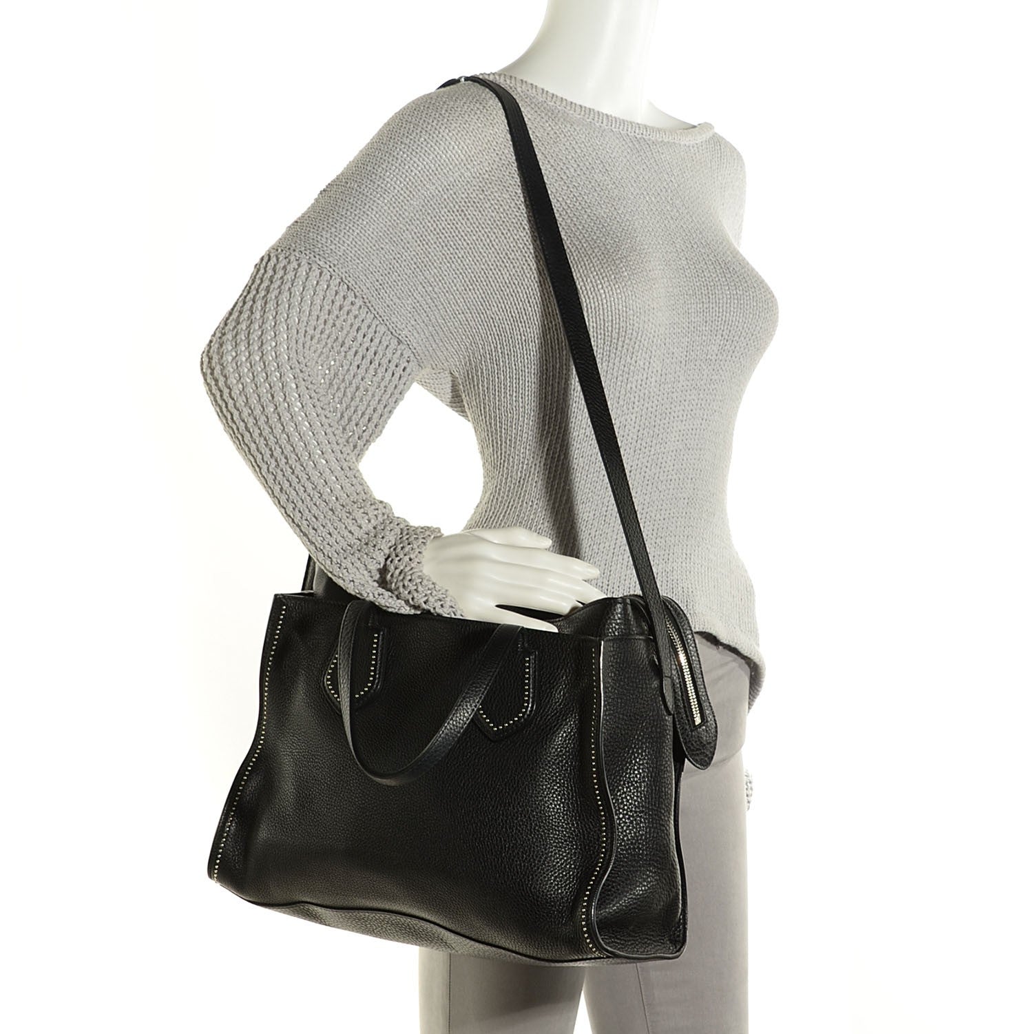 Gucci Grained Calfskin Studded Ramble Medium Tote Black 2 of 7