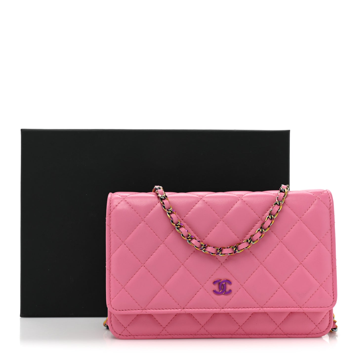 Lambskin Quilted Wallet On Chain WOC Pink Yellow