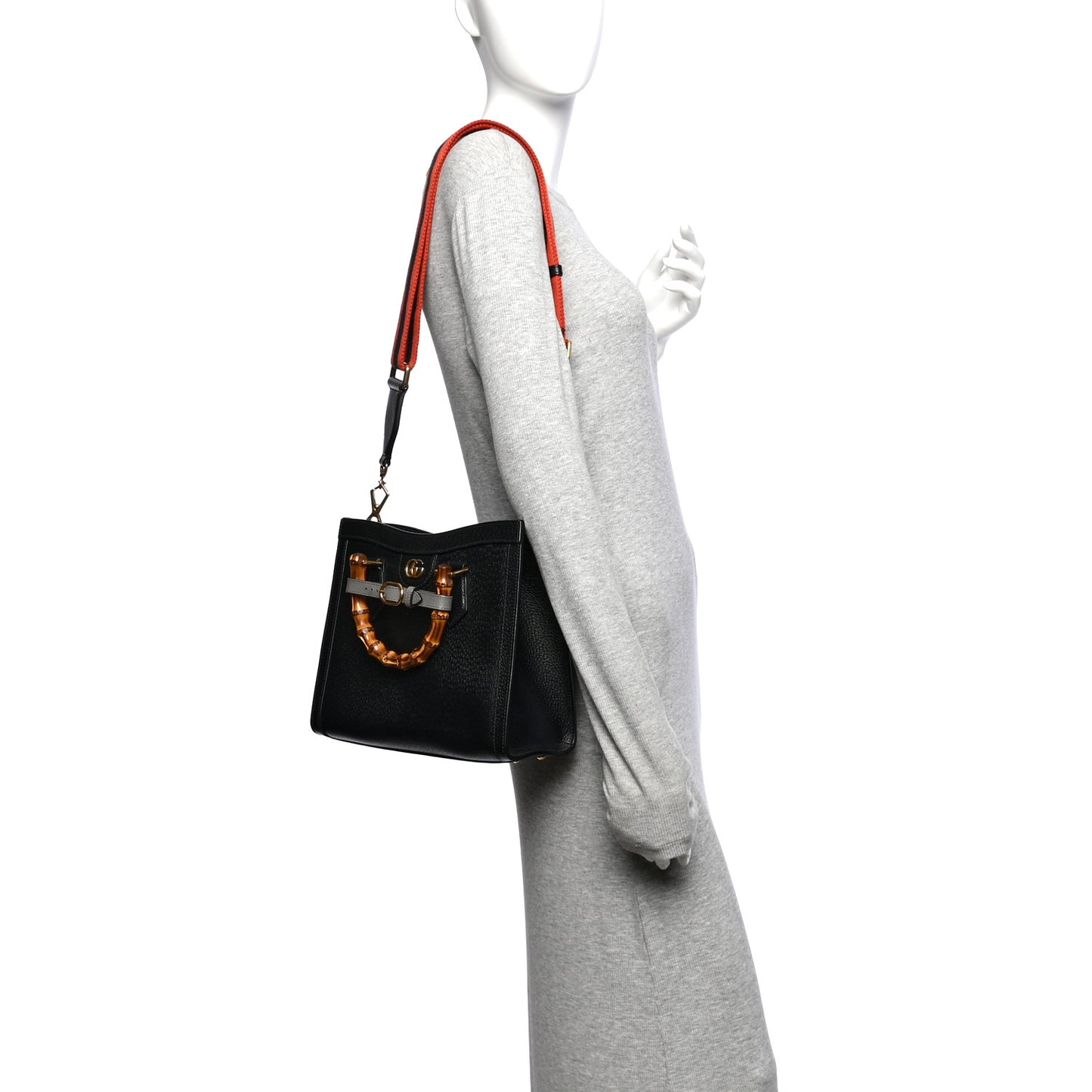 Textured Dollar Calfskin Web Small Diana Tote Bag Black Dusty Grey