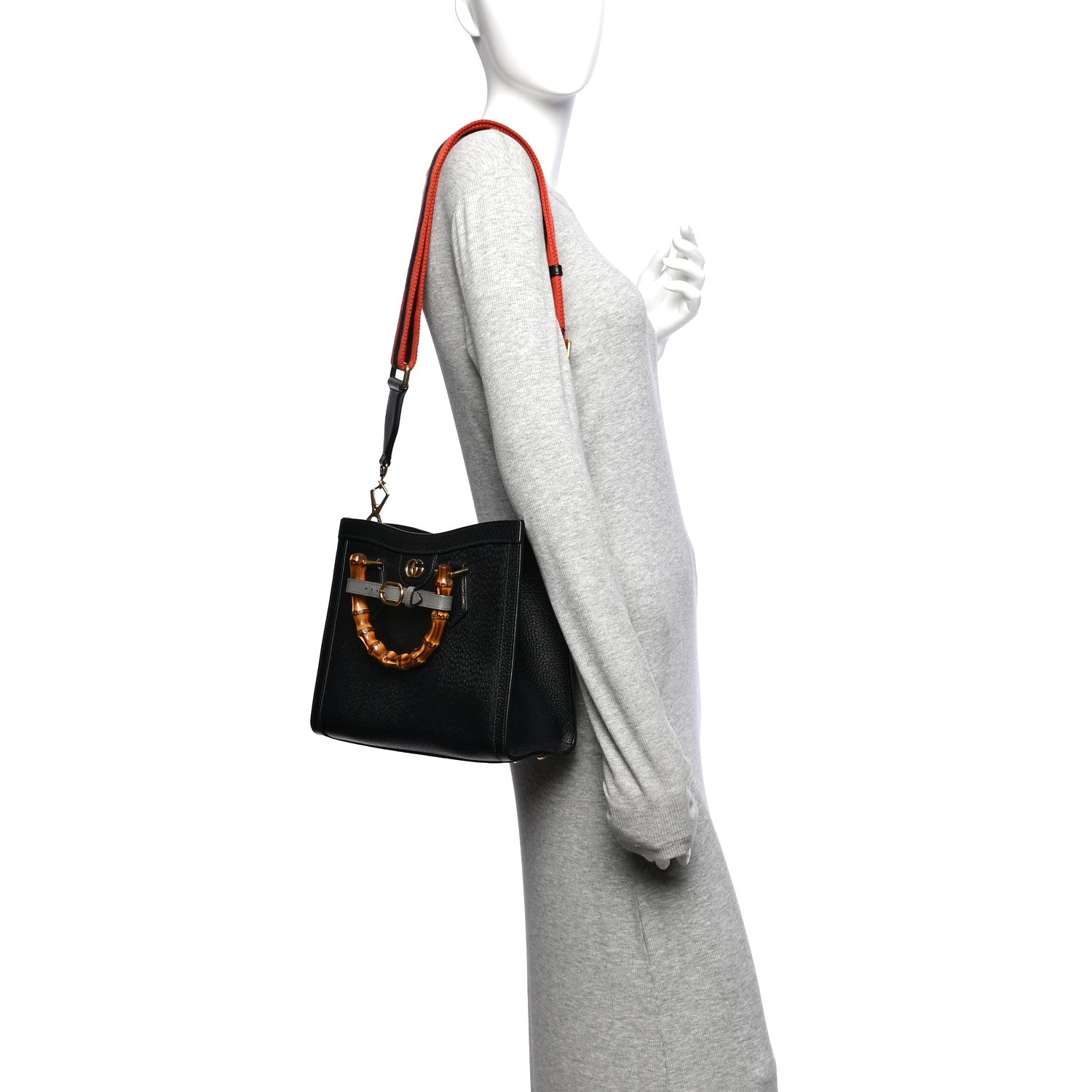 Gucci Textured Dollar Calfskin Web Small Diana Tote Bag Black Dusty Grey 2 of 10
