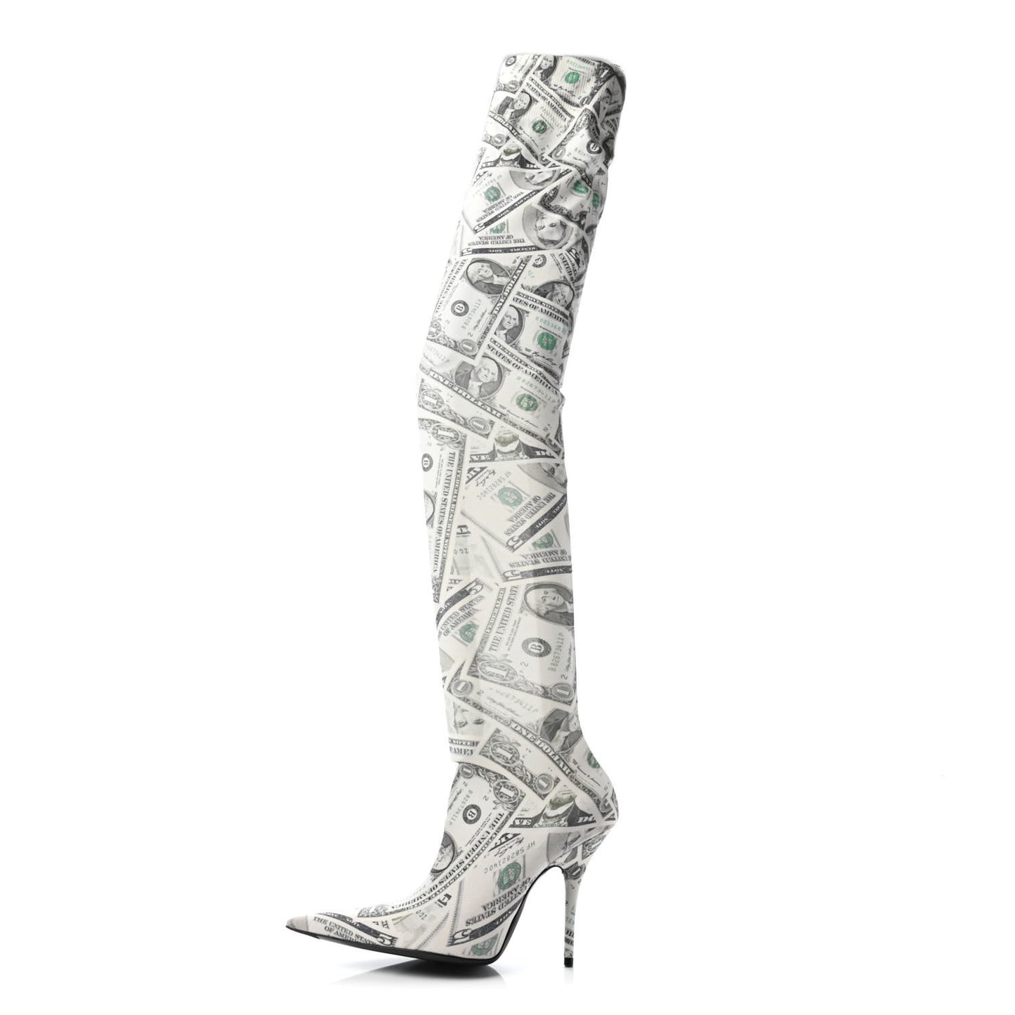 Spandex Dollars Print Pointed Toe Knife Thigh High Boots 37 Green