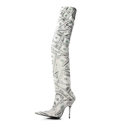 Balenciaga Spandex Dollars Print Pointed Toe Knife Thigh High Boots 37 Green 1 of 5