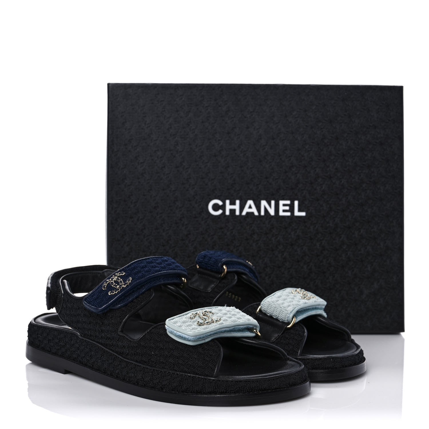 Chanel Knit Fabric Velcro Dad Sandals 40 Black Dark Blue Light Blue 9 of 9