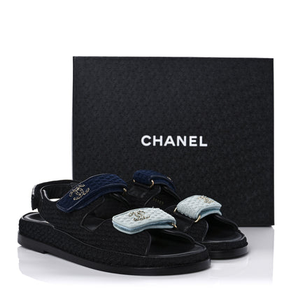 Chanel Knit Fabric Velcro Dad Sandals 40 Black Dark Blue Light Blue 9 of 9