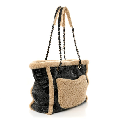 Chanel Shiny Crumpled Sheepskin Shearling CC Mania Tote Bag Black Beige 3 of 11