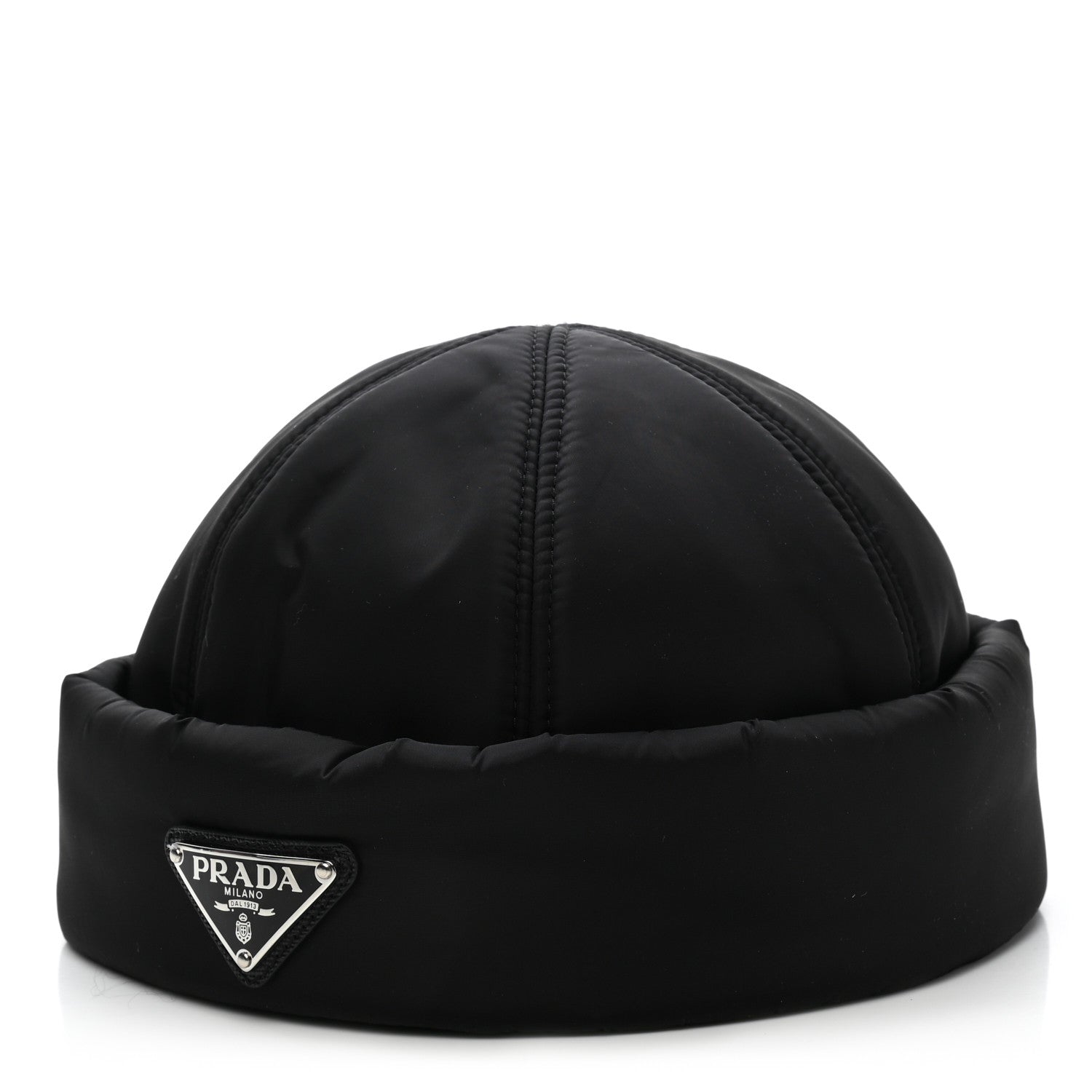 Prada Re-Nylon Padded Metal Triangle Logo Mens Beanie S Black 1 of 8