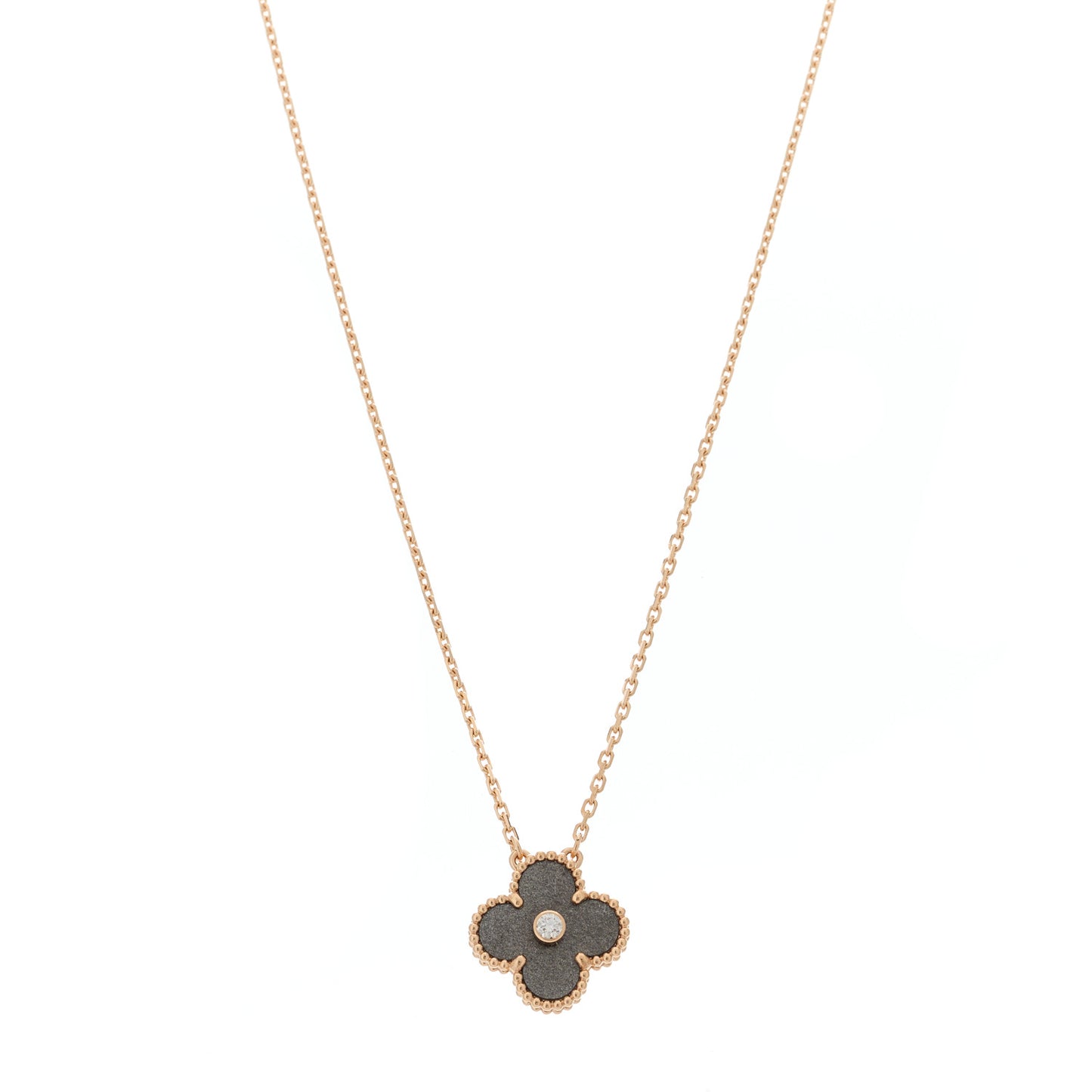 18K Rose Gold Diamond Silver Obsidian Vintage Alhambra Pendant Necklace