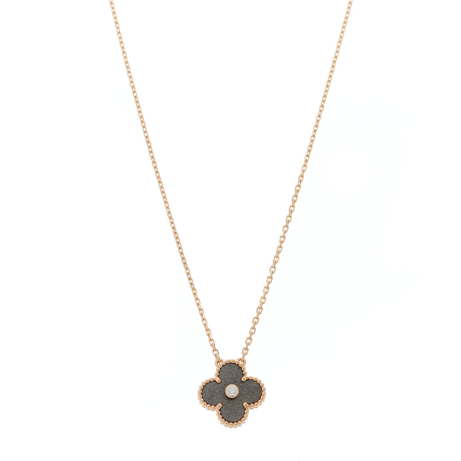 Van Cleef & Arpels 18K Rose Gold Diamond Silver Obsidian Vintage Alhambra Pendant Necklace 1 of 6
